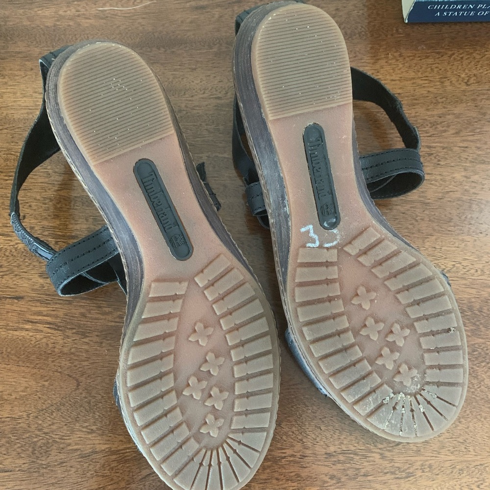 Women's Black Leather Flat Low Wedge Sandals - Picture 5 of 6